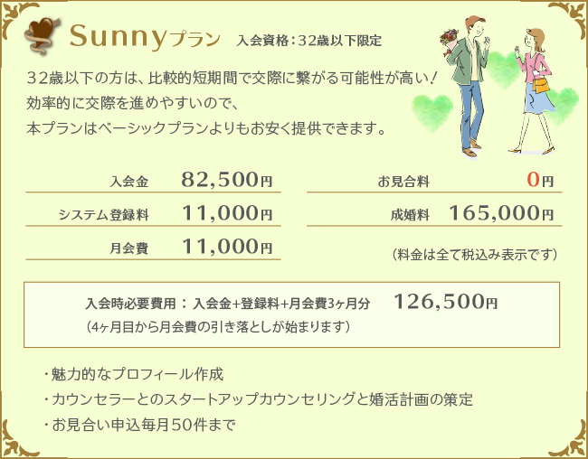 Sunnyプラン/20代・30代・安い・低価格・お見合い料無料